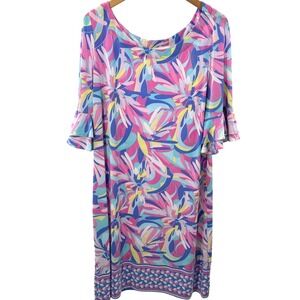 Pappagallo Cactus Rose Floral Shift Dress XL Ruffle Sleeve Pink Blue